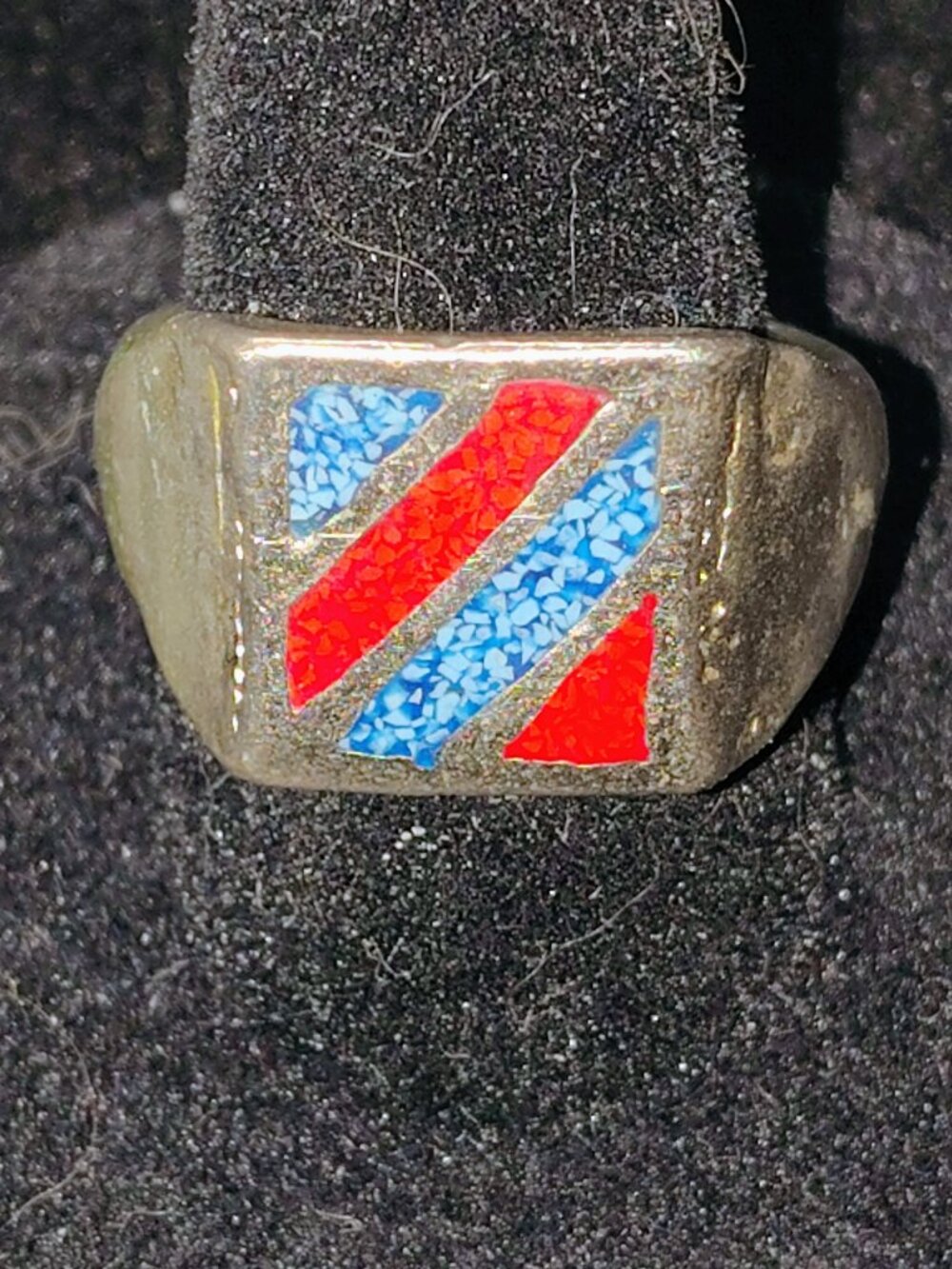 Vintage Southwestern Turquoise & Coral Chip Inlay Ring • Size 8.5 Signet Style